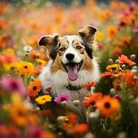 uma feliz cachorro aquecendo dentro uma campo do flores foto