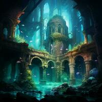uma perdido cidade abaixo a mar Está ruínas banhado dentro iridescente foto