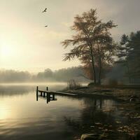 uma sereno manhã de uma enevoado calma lago foto