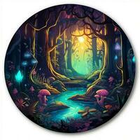 uma adesivo representando uma mágico encantado floresta com brilhando foto