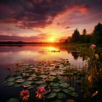 sereno pôr do sol sobre uma tranquilo lago foto