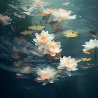 delicado pétalas flutuando em uma calma lagoa foto