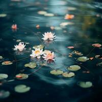 delicado pétalas flutuando em uma calma lagoa foto
