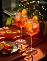 foto do alguns aperol spritz beber elegantemente banhado em uma mesa. generativo ai