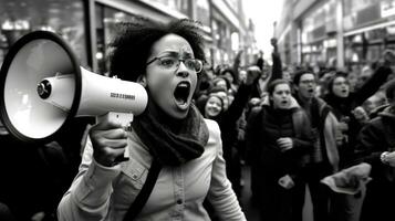 durante a Preto Sexta-feira farra, uma embalado pessoa com uma megafone alertas compradores do a Mais recentes descontos e ofertas. generativo ai foto