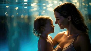 feliz mãe e bebê dentro a água dentro a interior natação piscina. generativo ai foto