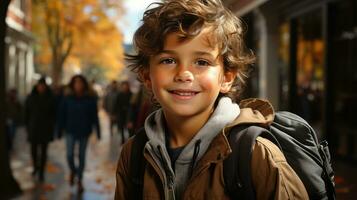 de volta à escola temático cenário do uma Garoto quem vai para escola Felizmente. generativo ai foto