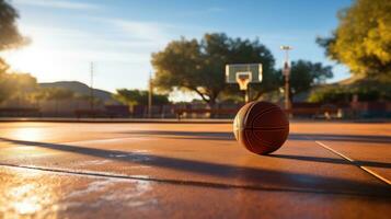 basquetebol quadra e basquetebol bola deitado em a terra isolado em a fundo. generativo ai foto