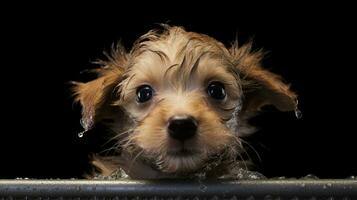 uma fofa animal cachorro com molhado cabelo é levando uma banho. generativo ai foto