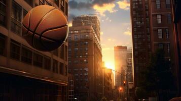conceito do em pé basquetebol bola isolado em cidade fundo. generativo ai foto