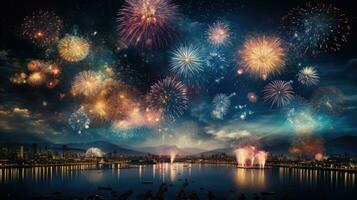 fogos de artifício explodindo sobre cidades dentro a Sombrio às noite. generativo ai foto