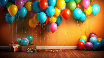 colorida balões adornando a lados e uma com tema de aniversário contexto. generativo ai foto