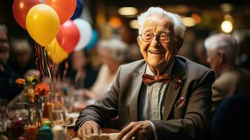 fofa homem a comemorar dele aniversário com dele amigos dentro uma enfermagem lar. generativo ai foto