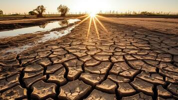 agrícola canal este tem tornar-se árido e estéril vencimento para prolongado seca e calor ondas. generativo ai foto