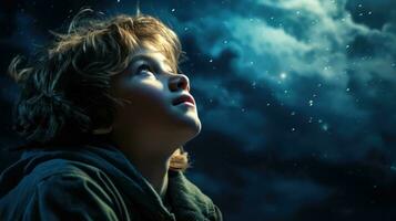 uma criança surpreendente momento Como ele olhares fixos às a universo em uma enluarada noite. generativo ai foto