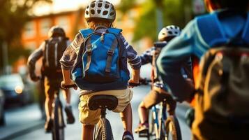 crianças com mochilas indo para escola de bicicleta. generativo ai foto
