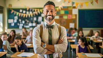 feliz masculino professor dentro a elementar escola sala de aula. generativo ai foto