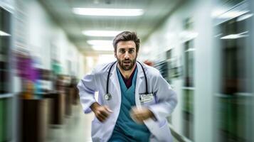 masculino médico corrida nervosamente dentro hospital corredor. generativo ai foto