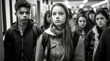 fechar-se cenário do jovem alunos caminhando dentro Alto escola corredor. generativo ai foto