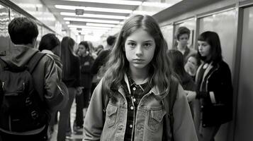 fechar-se cenário do jovem alunos caminhando dentro Alto escola corredor. generativo ai foto