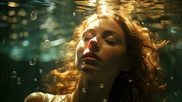 uma fêmea nadador mergulho para dentro a profundidades do uma piscina com dela olhos fechado. generativo ai foto
