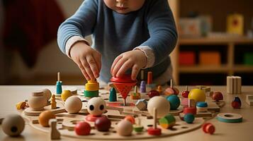 criança pequena explorando a brinquedos dentro a sala. generativo ai foto