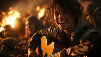 jovem pessoas colhido por aí uma fogo em a de praia às noite, tendo Diversão acompanhado de guitarras. generativo ai foto