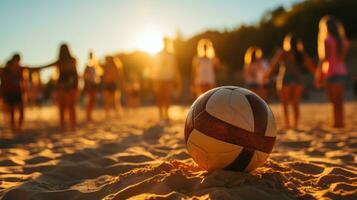 grupo do amigos jogando voleibol com de praia isolado dentro fundo. generativo ai foto
