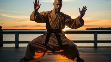 tai chi mestre exercício em a de praia. generativo ai foto