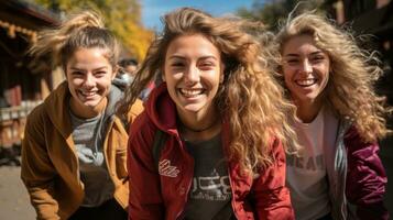 uma poucos amigas tendo tão Muito de Diversão juntos em a rua. generativo ai foto