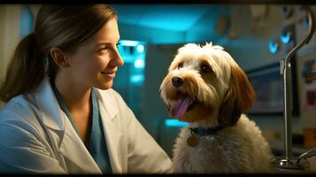 uma veterinário examinando uma cachorro às a clínica. generativo ai foto