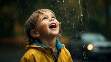 uma criança alegria dentro a face do pingos de chuva. generativo ai foto