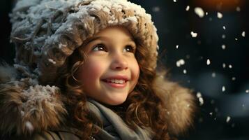uma pequeno menina experimentando queda de neve para a primeiro tempo. generativo ai foto