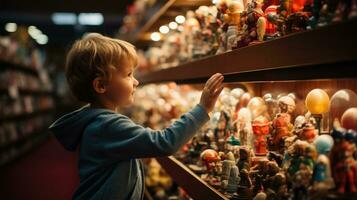 a Garoto tentando para alcance a loja estante para Comprar a brinquedo ele desejado. generativo ai foto