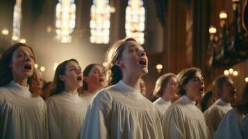 uma coro cantando durante Páscoa serviço dentro uma histórico igreja. generativo ai foto