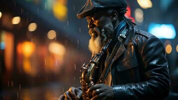 uma músico jogando a saxofone em uma chuvoso cidade rua. generativo ai foto