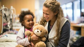 uma médico dando uma Urso de pelúcia Urso para uma pequeno garoto. generativo ai foto