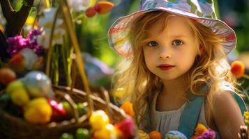 feliz pequeno menina olhando para Páscoa ovos escondido entre vegetação dentro jardim. generativo ai foto