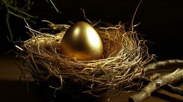 uma dourado ovo cintilante entre a galhos do uma pássaro ninho. generativo ai foto