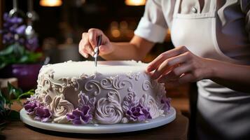 mãos do talentoso pastelaria chefe de cozinha fazer intrincado gelo desenhos em bolo. generativo ai foto