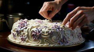 mãos do talentoso pastelaria chefe de cozinha fazer intrincado gelo desenhos em bolo. generativo ai foto