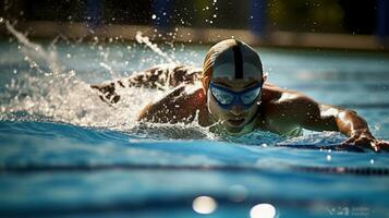 uma nadador competindo dentro uma retransmissão raça mergulhos dentro a piscina. generativo ai foto