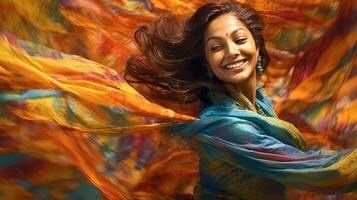 senhora fiação dentro a meio do uma turbilhão do lenços durante uma tradicional indiano dança. generativo ai foto