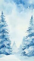 Nevado árvores com uma azul aguarela fundo e uma quadro, Armação foto