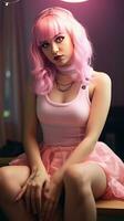 lindo menina com Rosa cabelo. generativo ai foto