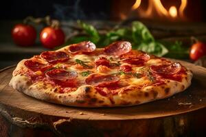 ai generativo foto do uma pizza com salame e tomates em de madeira mesa