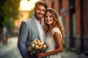 ai generativo foto retrato do uma casal em Casamento dia