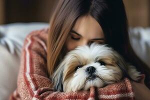 retrato do pessoas abraçando shih tzu cachorro animal conceito ai generativo foto