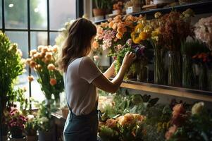 pessoas selecionando fresco flor dentro a loja ai generativo foto