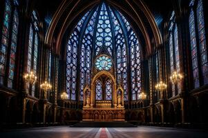 Visão do gótico catedral manchado vidro ai generativo foto